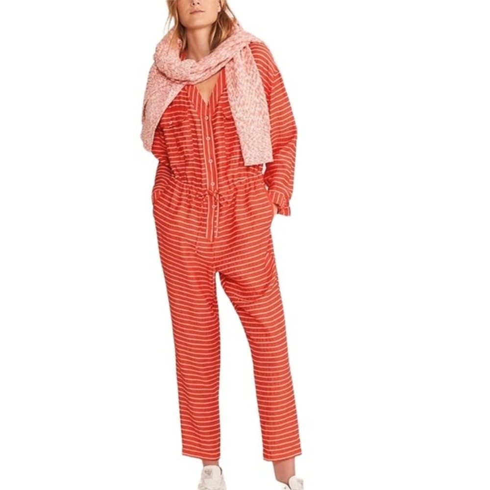NEW Lou and Grey Women's Large Red striped Long Sleeve Button Up Pocket jumpsuit